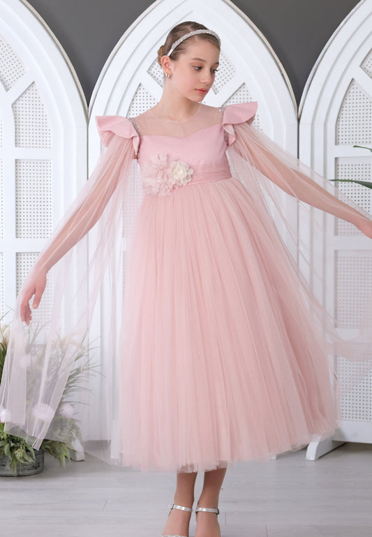 Girl Short Sleeve Tulle With Stones Column 8 - 12 Ages Special Occasion Dress Powder Pink - Unit Price: 32$