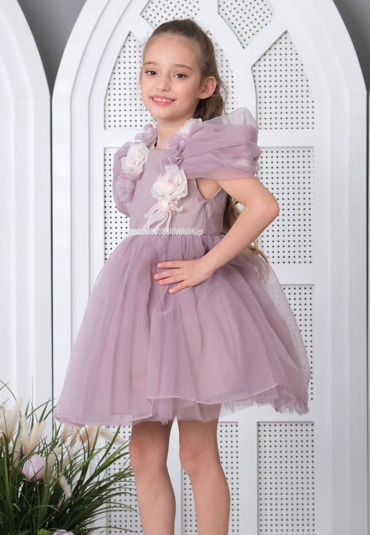 Girl Short Sleeve Tulle Floral A - Line 4 - 8 Ages Special Occasion Dress Lilac - Unit Price: 19$