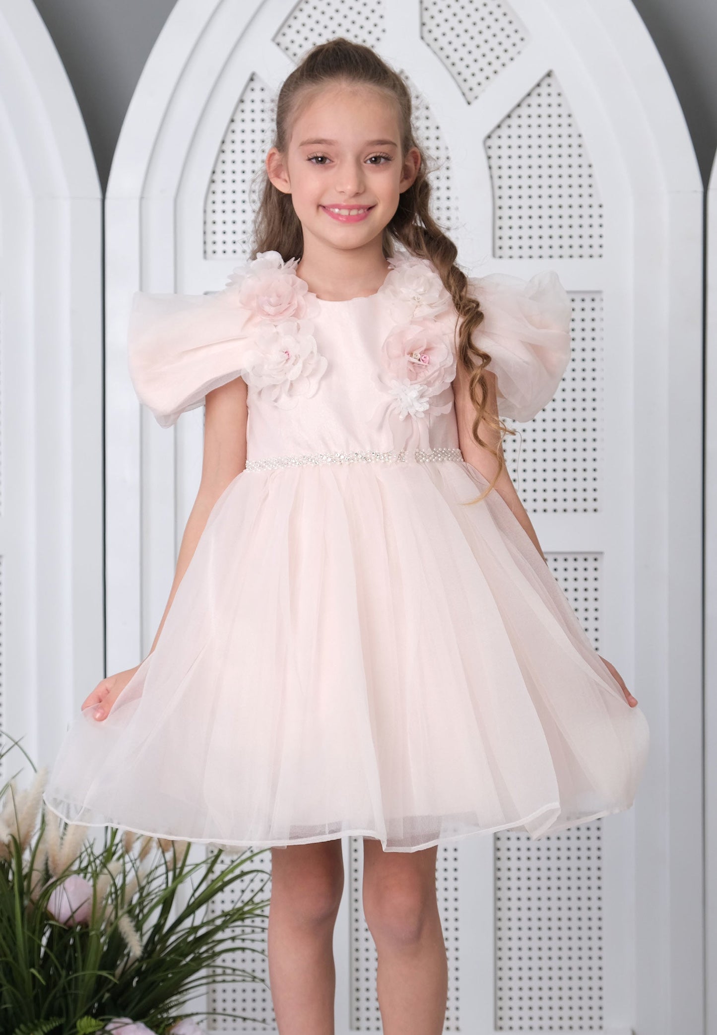 Girl Short Sleeve Tulle Floral A - Line 4 - 8 Ages Special Occasion Dress Salmon - Unit Price: 19$