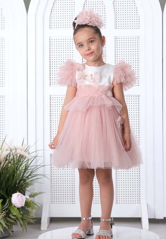 Girl Short Sleeve Tulle Floral A - Line 3 - 7 Ages Special Occasion Dress Salmon-White - Unit Price: 19$