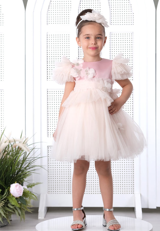 Girl Short Sleeve Tulle Floral A - Line 3 - 7 Ages Special Occasion Dress Powder Pink - Unit Price: 19$