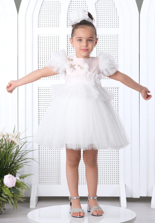 Girl Short Sleeve Tulle Floral A - Line 3 - 7 Ages Special Occasion Dress White-Salmon - Unit Price: 19$