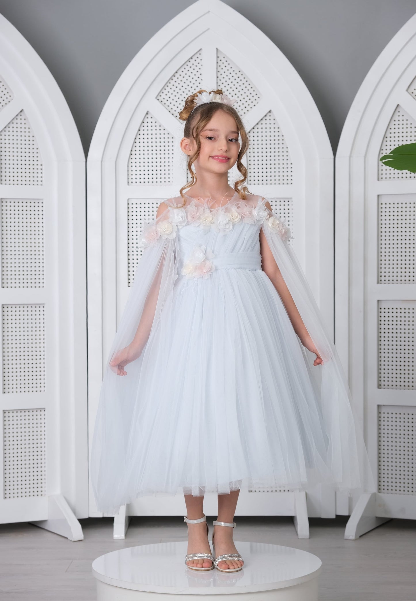 Girl Sleeveless Tulle Floral A - Line 6 - 10 Ages Special Occasion Dress Baby Blue - Unit Price: 30$