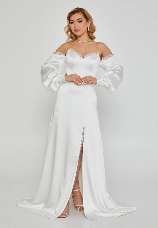 Off Shoulder Maxi Satin Regular Wedding Dress Off White - Unit Price: 320$