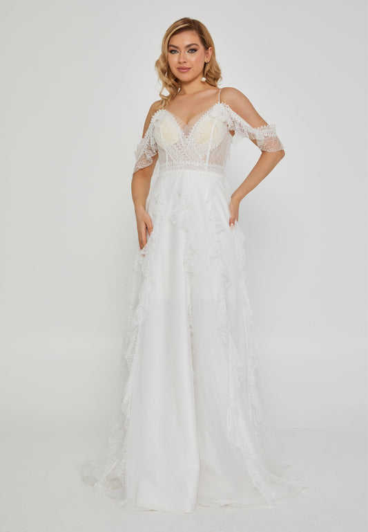 Off Shoulder Maxi Tulle Regular Wedding Dress Off White - Unit Price: 367$