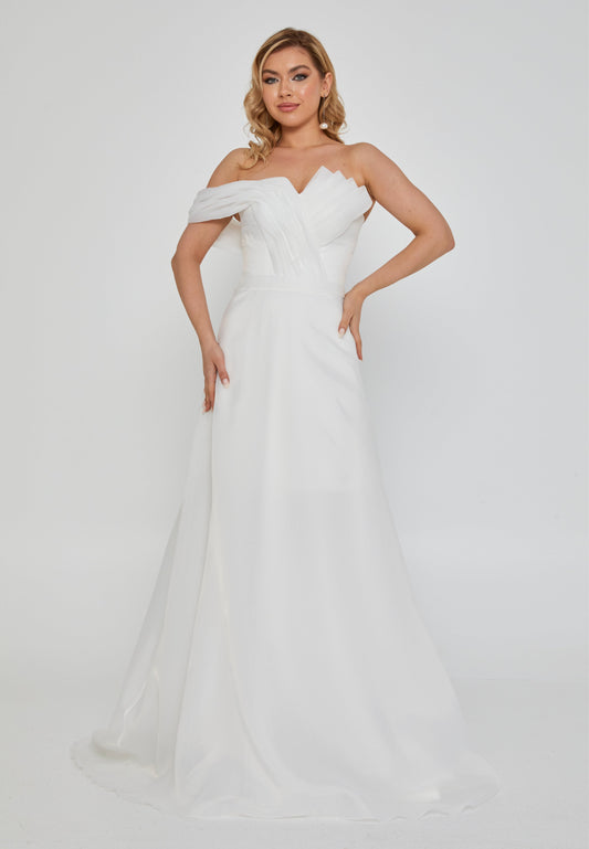 One Shoulder Maxi Tulle Regular Wedding Dress Off White - Unit Price: 320$