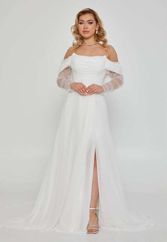 Off Shoulder Maxi Tulle Regular Wedding Dress Off White - Unit Price: 320$