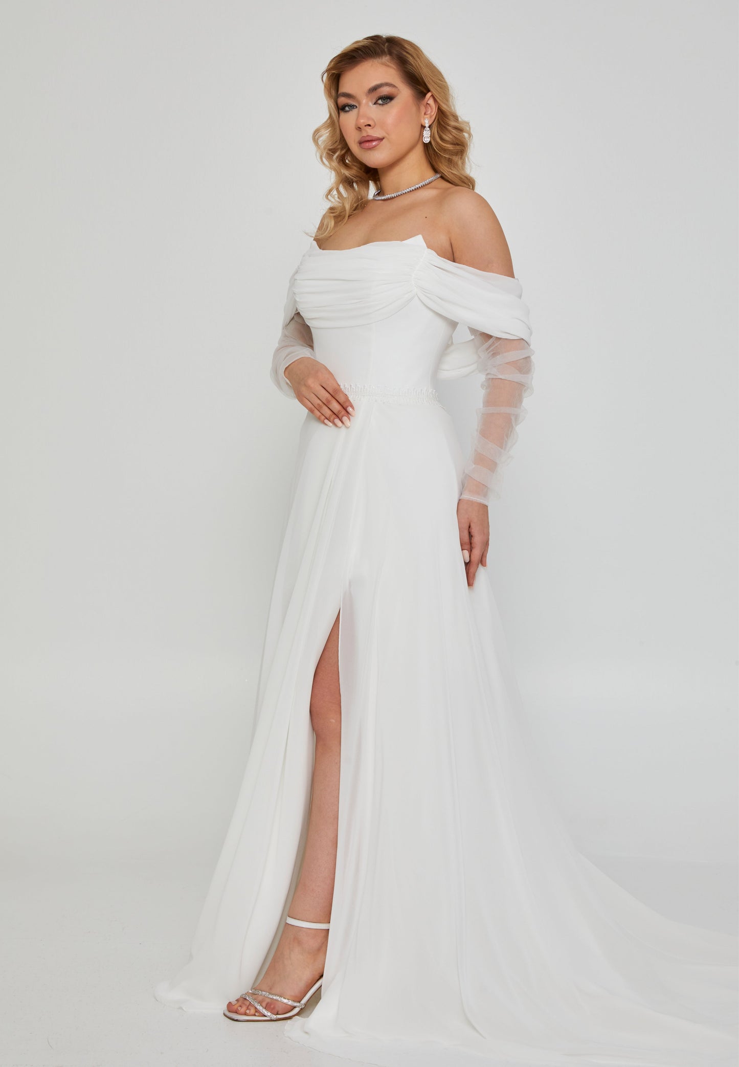 Off Shoulder Maxi Tulle Regular Wedding Dress Off White - Unit Price: 320$