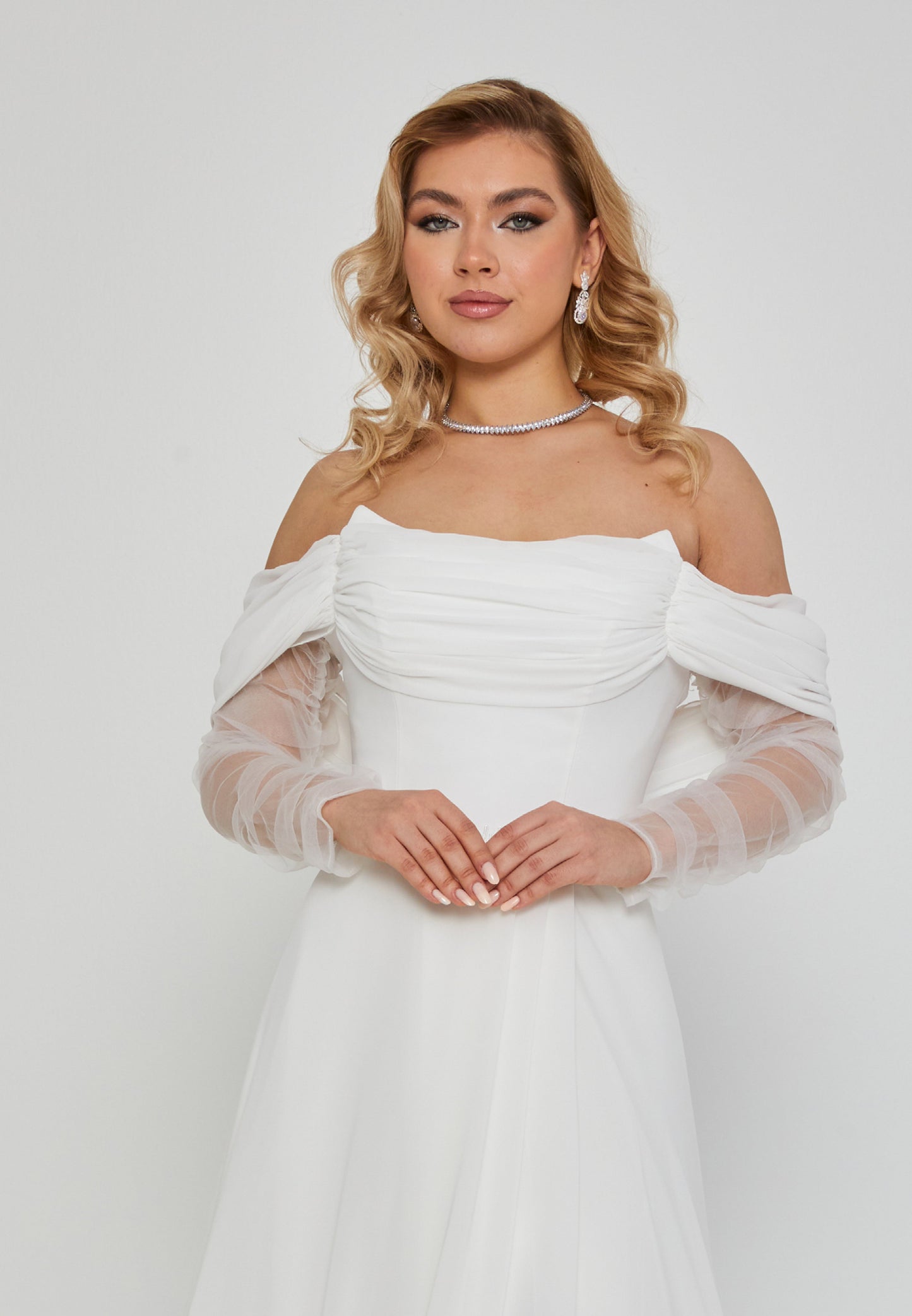 Off Shoulder Maxi Tulle Regular Wedding Dress Off White - Unit Price: 320$