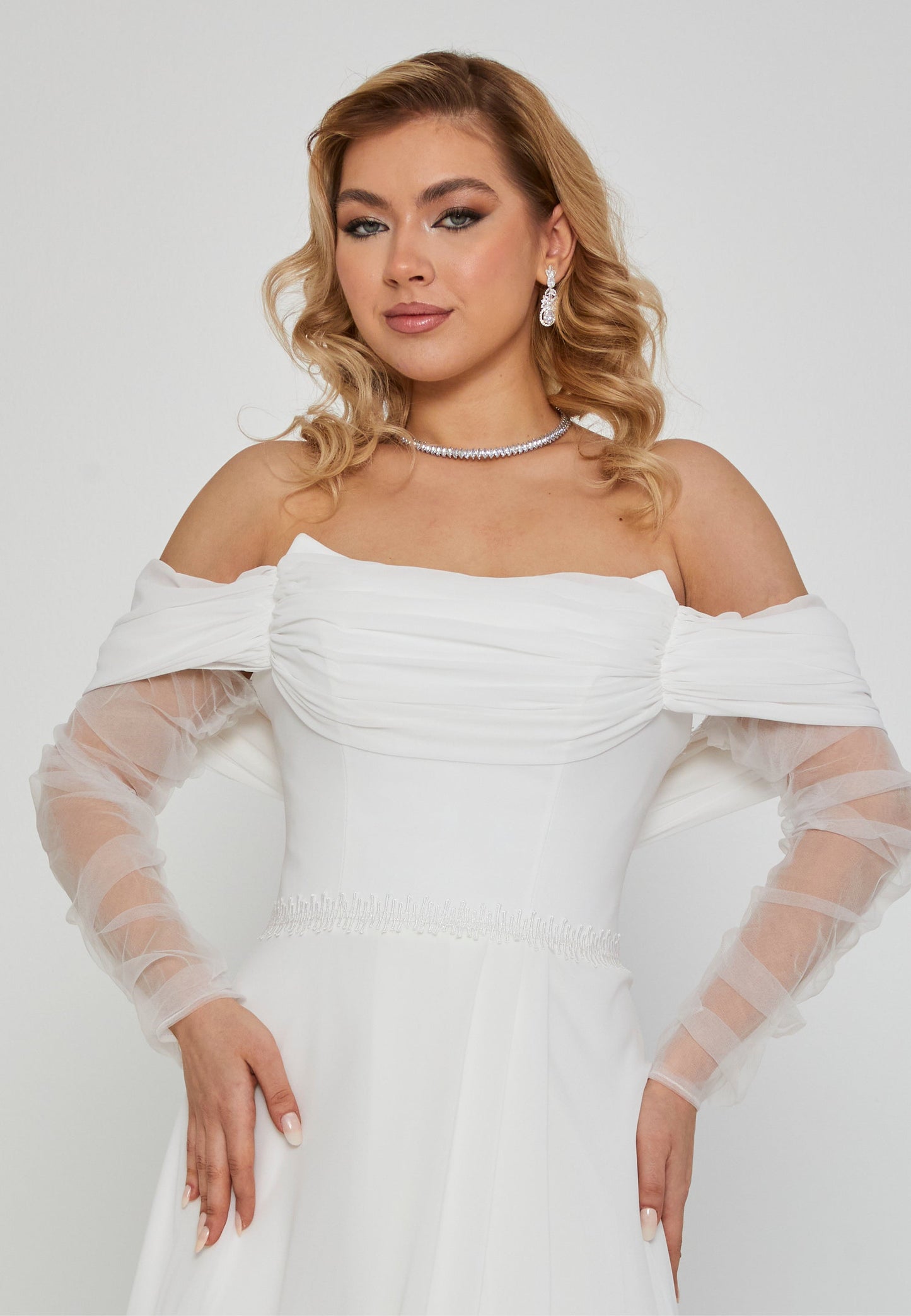 Off Shoulder Maxi Tulle Regular Wedding Dress Off White - Unit Price: 320$