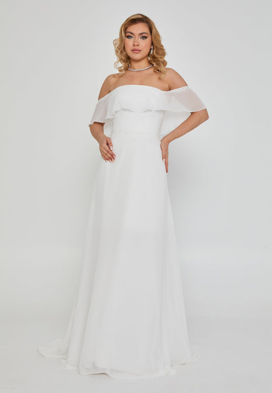 Off Shoulder Maxi Tulle Regular Wedding Dress Off White - Unit Price: 390$