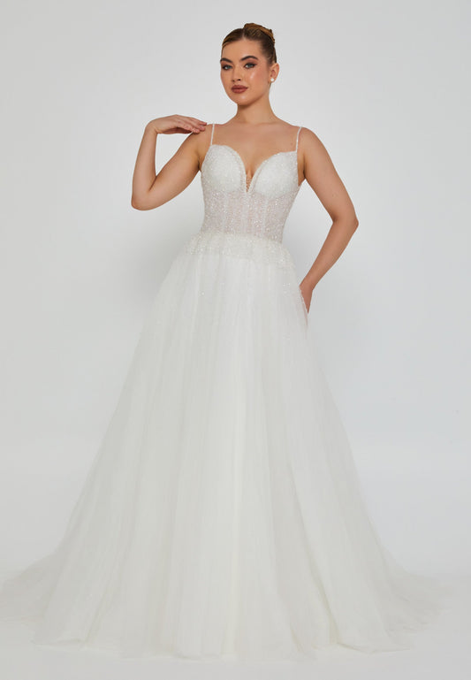 Sleeveless Maxi Tulle Regular Wedding Dress Off White - Unit Price: 336$