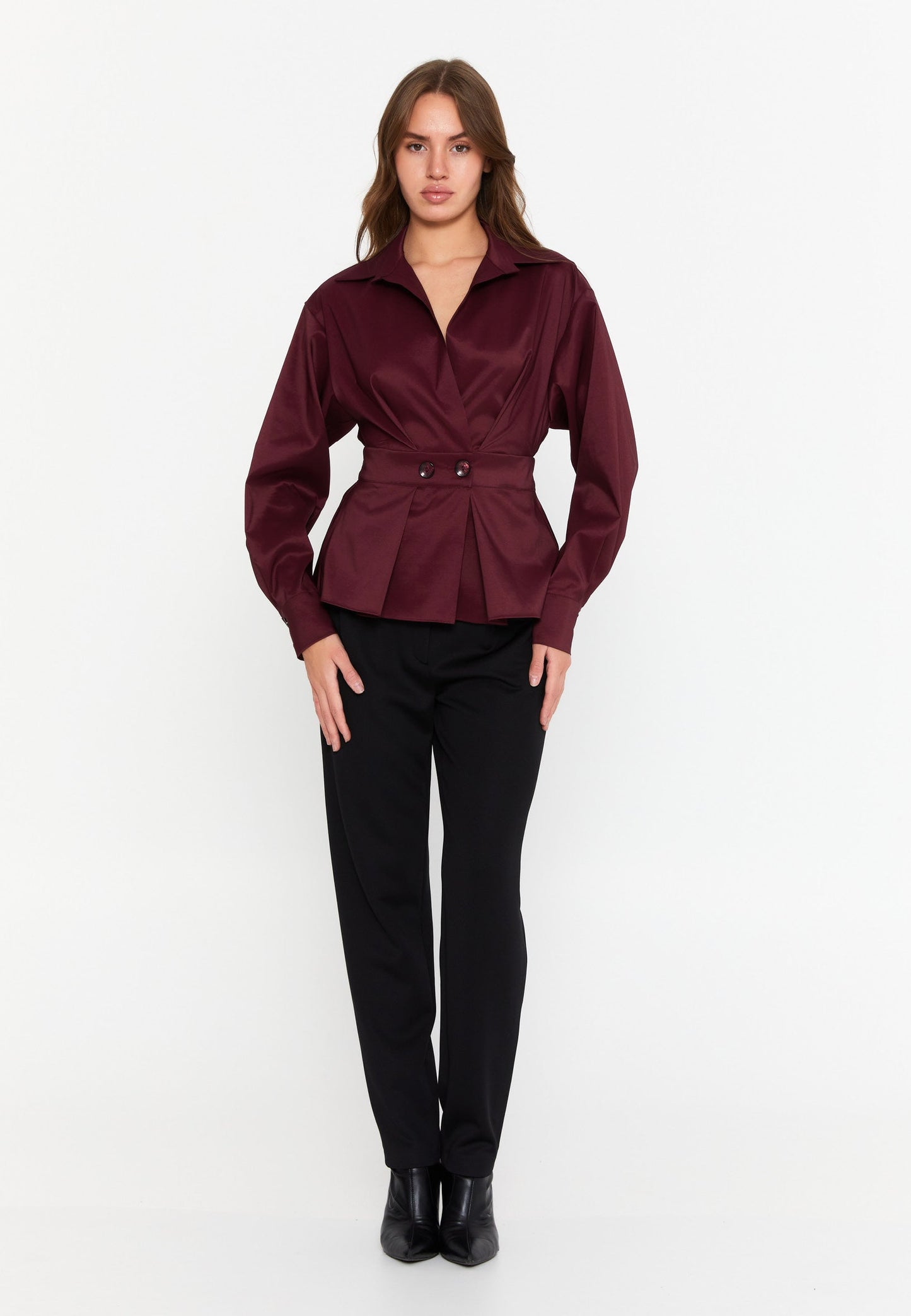 Long Sleeve Solid Color Regular Blouse Burgundy - Unit Price: 43$