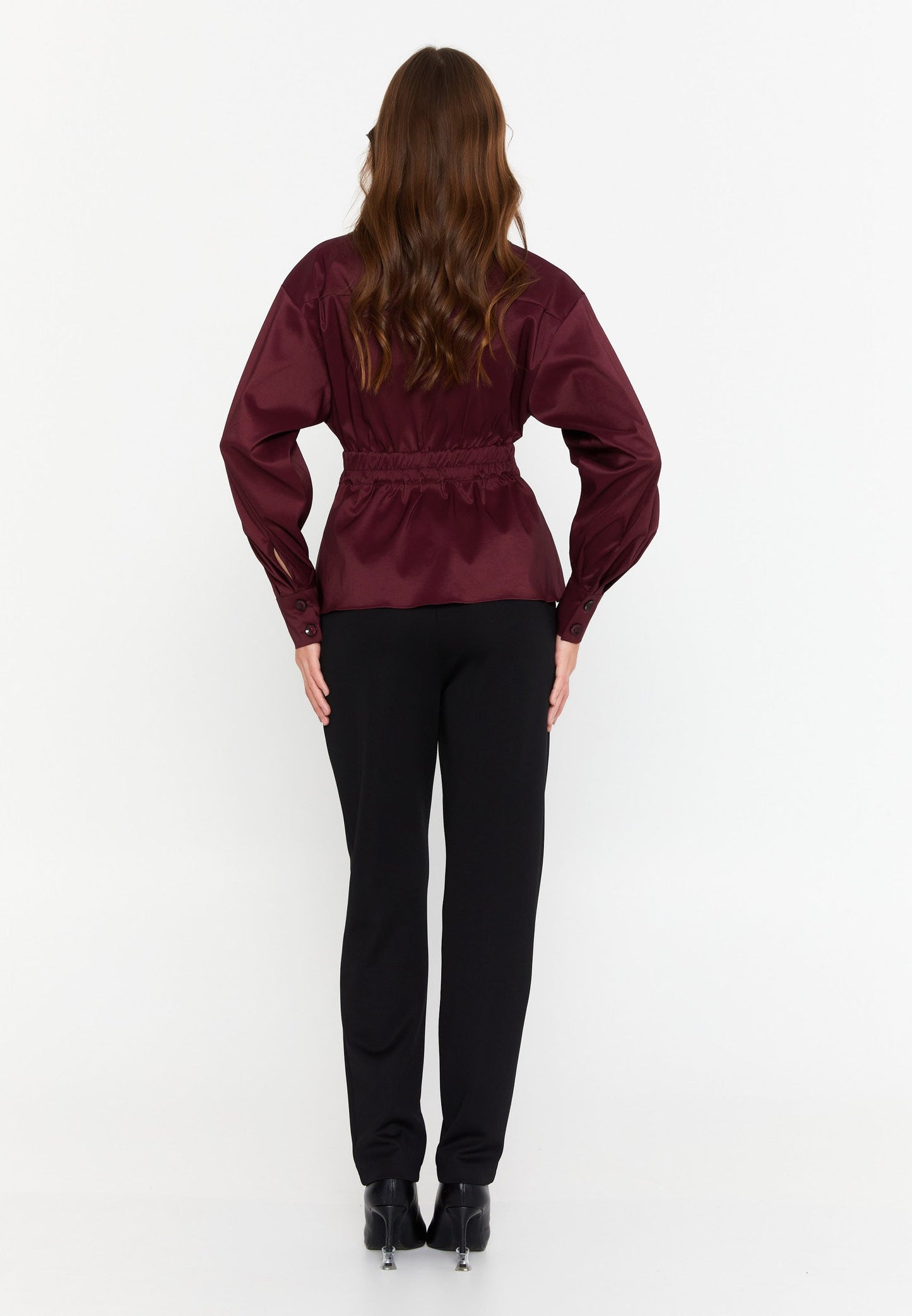 Long Sleeve Solid Color Regular Blouse Burgundy - Unit Price: 43$