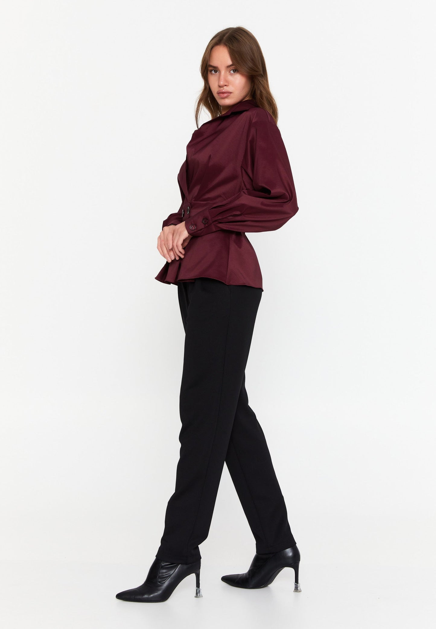 Long Sleeve Solid Color Regular Blouse Burgundy - Unit Price: 43$