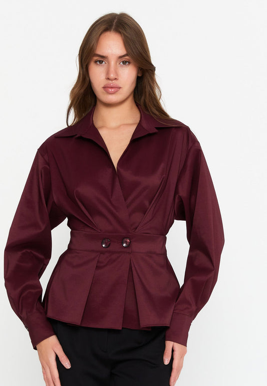 Long Sleeve Solid Color Regular Blouse Burgundy - Unit Price: 43$