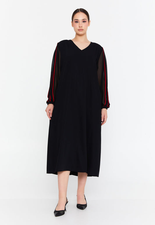 Long Sleeve Midi Viscose Column Plus Size Casual Dress Black-Red - Unit Price: 48$