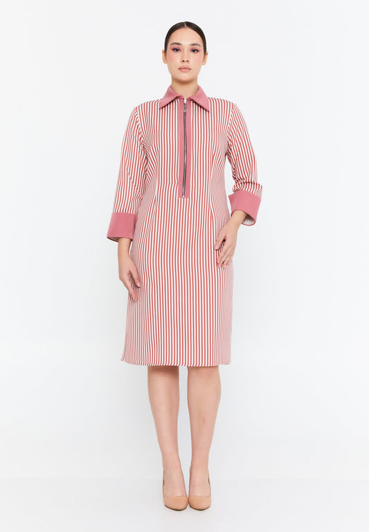 Long Sleeve Midi Viscose Column Plus Size Casual Dress Powder Pink-White - Unit Price: 38$