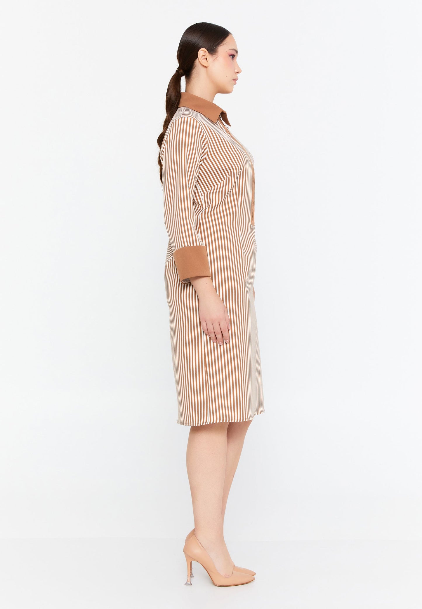 Long Sleeve Midi Viscose Column Plus Size Casual Dress Coffee-White - Unit Price: 38$