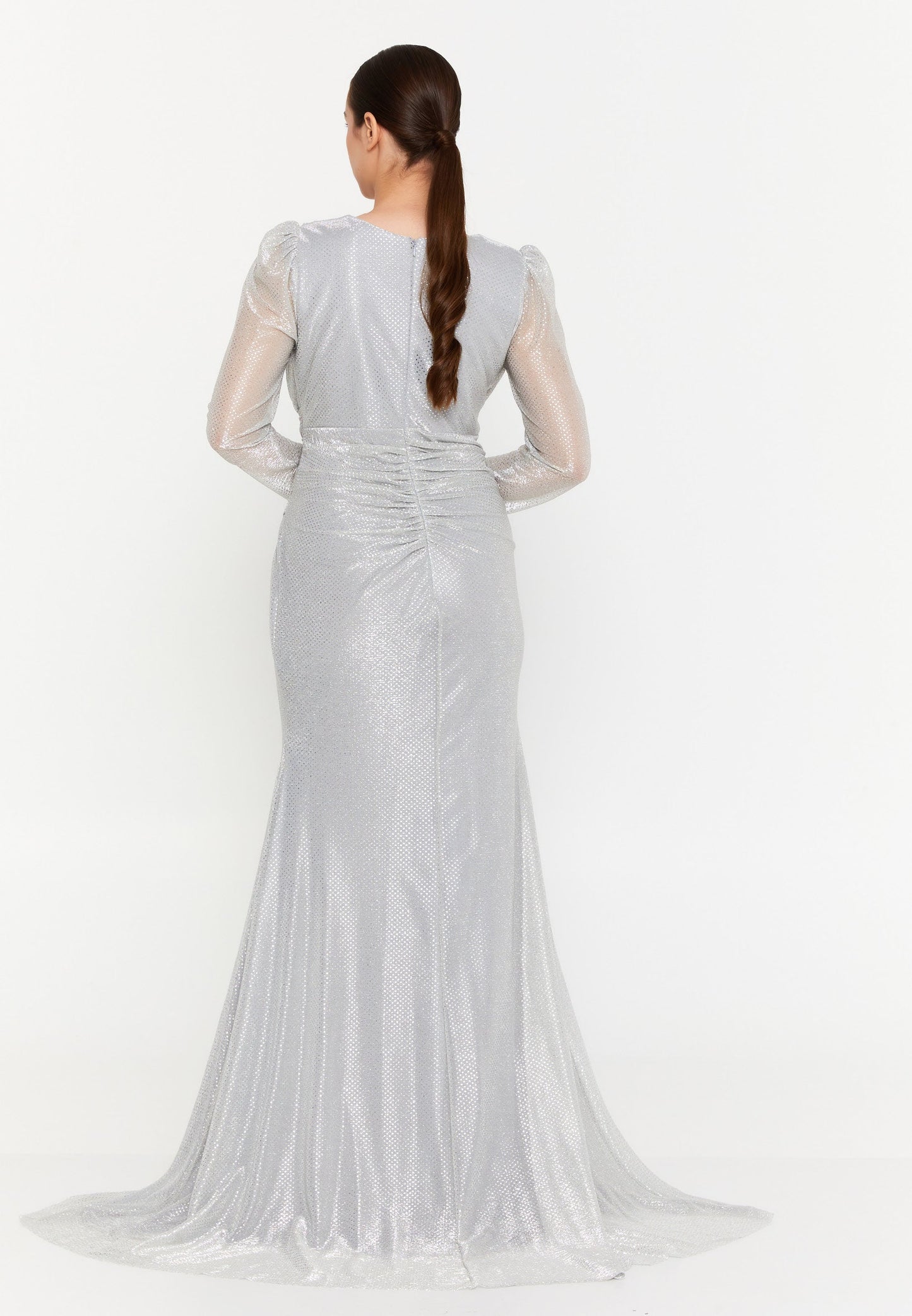 Long Sleeve Maxi Chiffon Mermaid Plus Size Wedding Guest Dress Silver - Unit Price: 106$