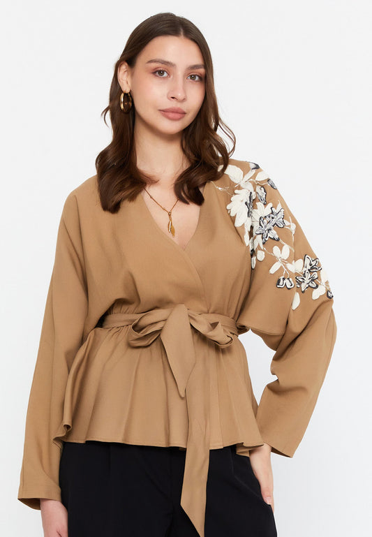 Long Sleeve Floral Regular Blouse Mink - Unit Price: 41$