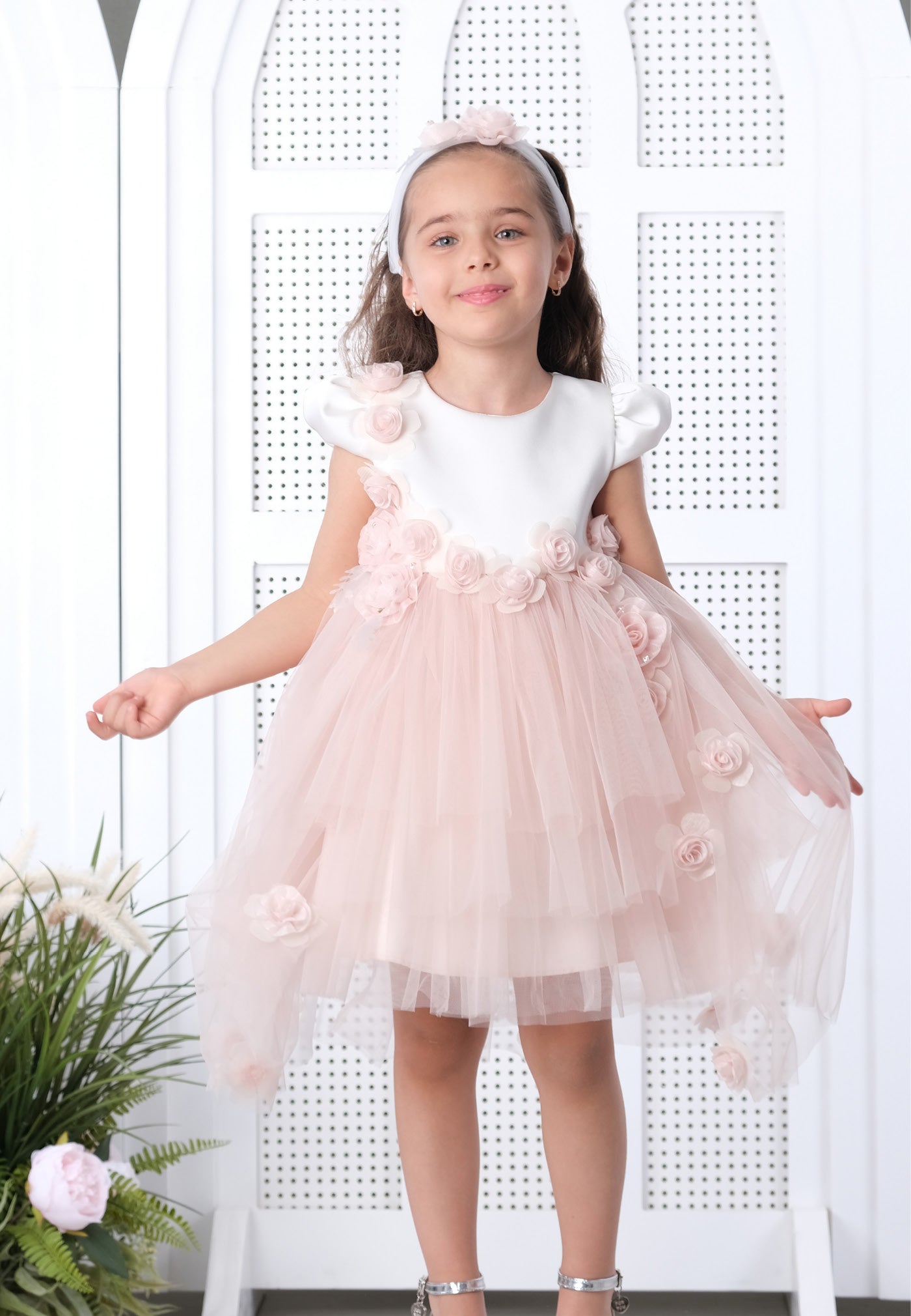 Baby Girl Short Sleeve Tulle Floral A - Line 6 - 36 Months Special Occasion Dress Ecru-Powder Pink - Unit Price: 23$