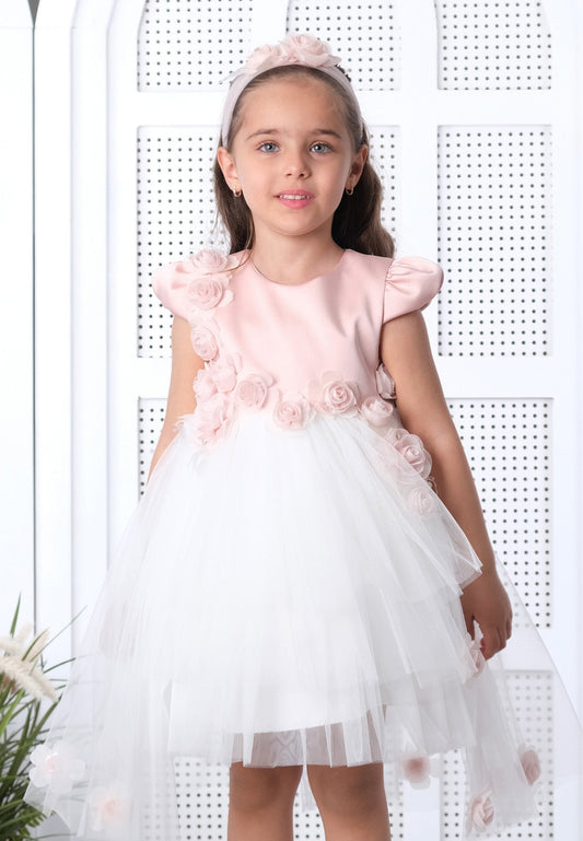 Baby Girl Short Sleeve Tulle Floral A - Line 6 - 36 Months Special Occasion Dress Powder Pink-Ecru - Unit Price: 23$