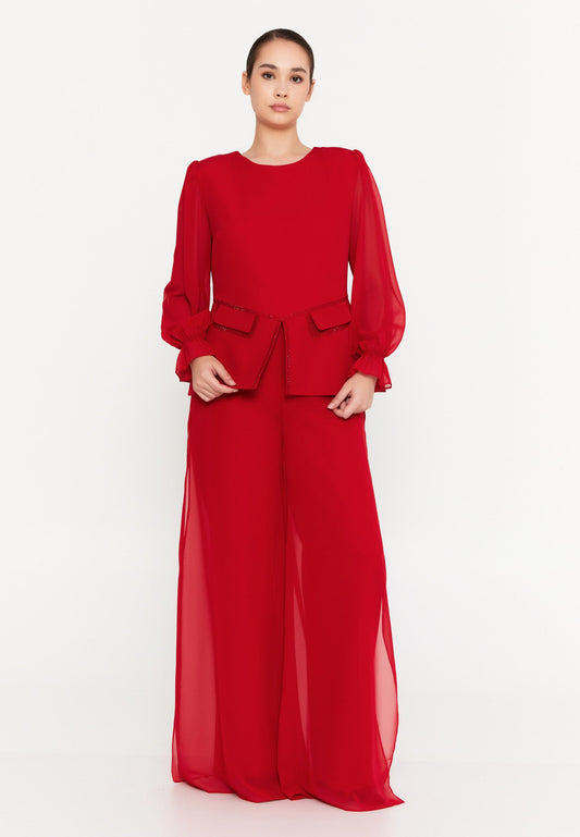 Long Sleeve Viscose Solid Color Plus Size Two-Piece Outfit Red - Unit Price: 60$