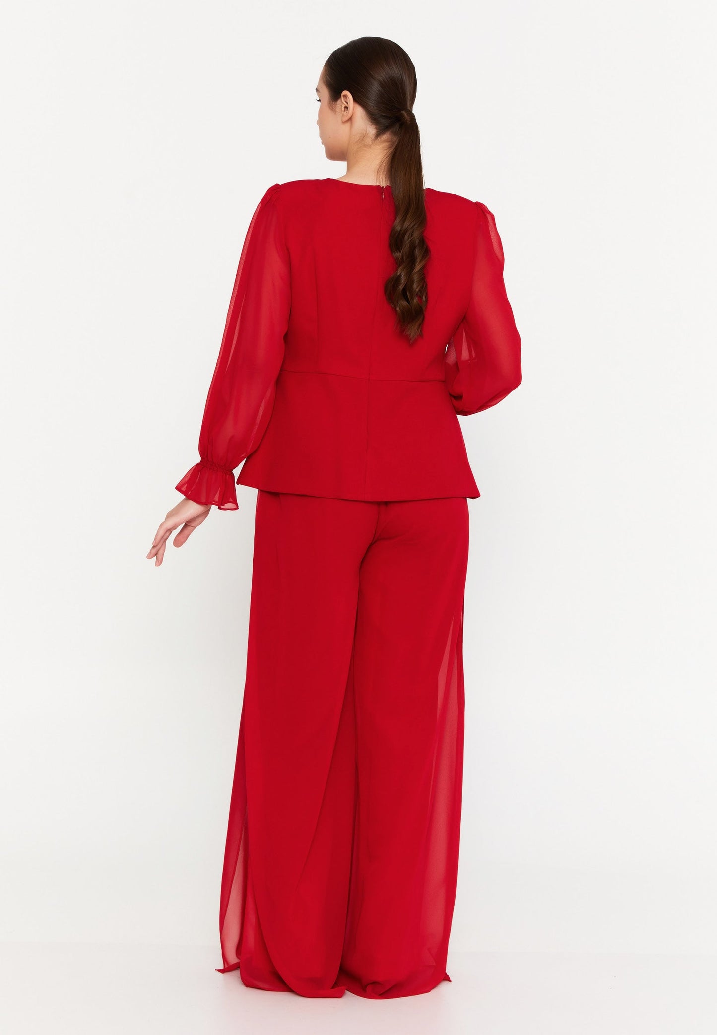 Long Sleeve Viscose Solid Color Plus Size Two-Piece Outfit Red - Unit Price: 60$