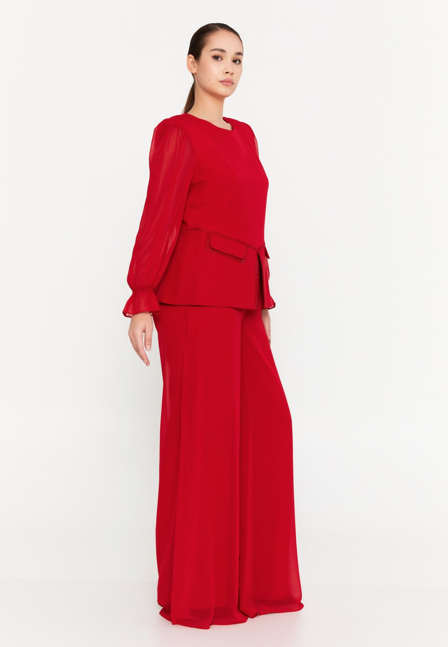 Long Sleeve Viscose Solid Color Plus Size Two-Piece Outfit Red - Unit Price: 60$