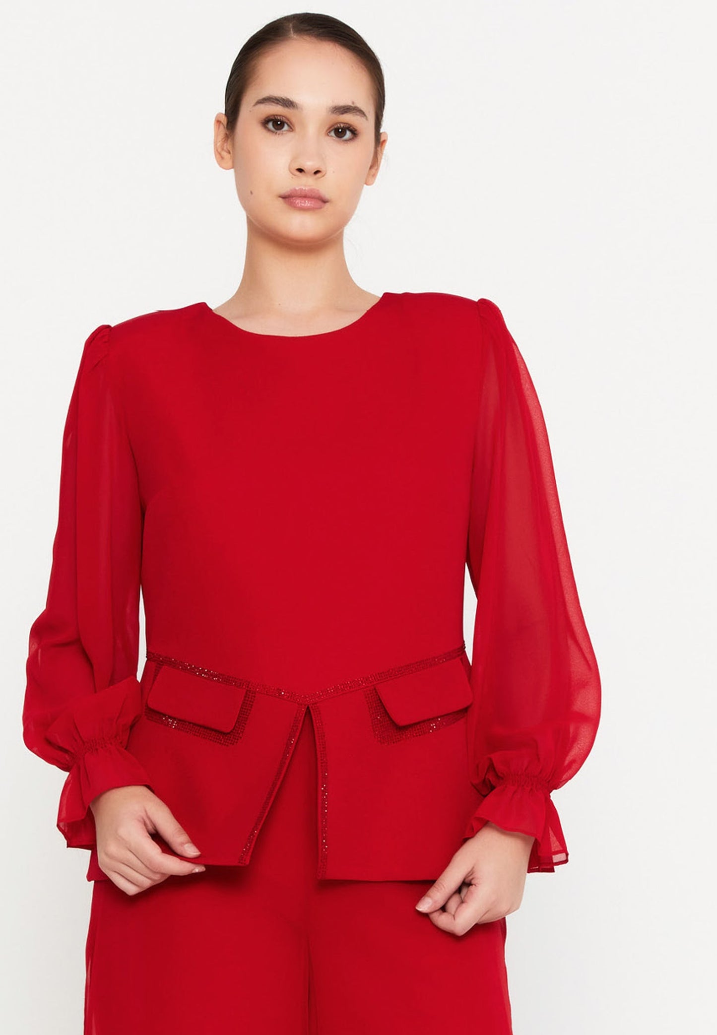 Long Sleeve Viscose Solid Color Plus Size Two-Piece Outfit Red - Unit Price: 60$