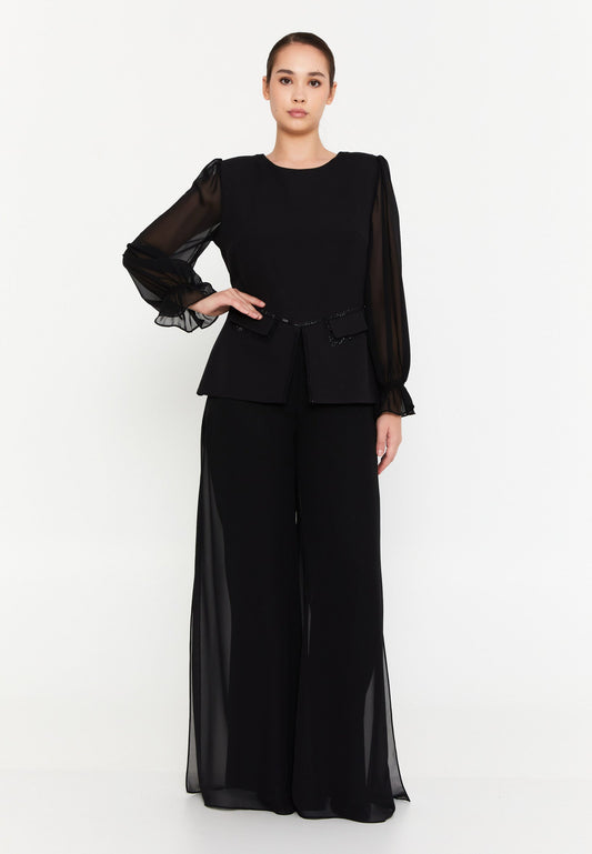 Long Sleeve Viscose Solid Color Plus Size Two-Piece Outfit Black - Unit Price: 60$