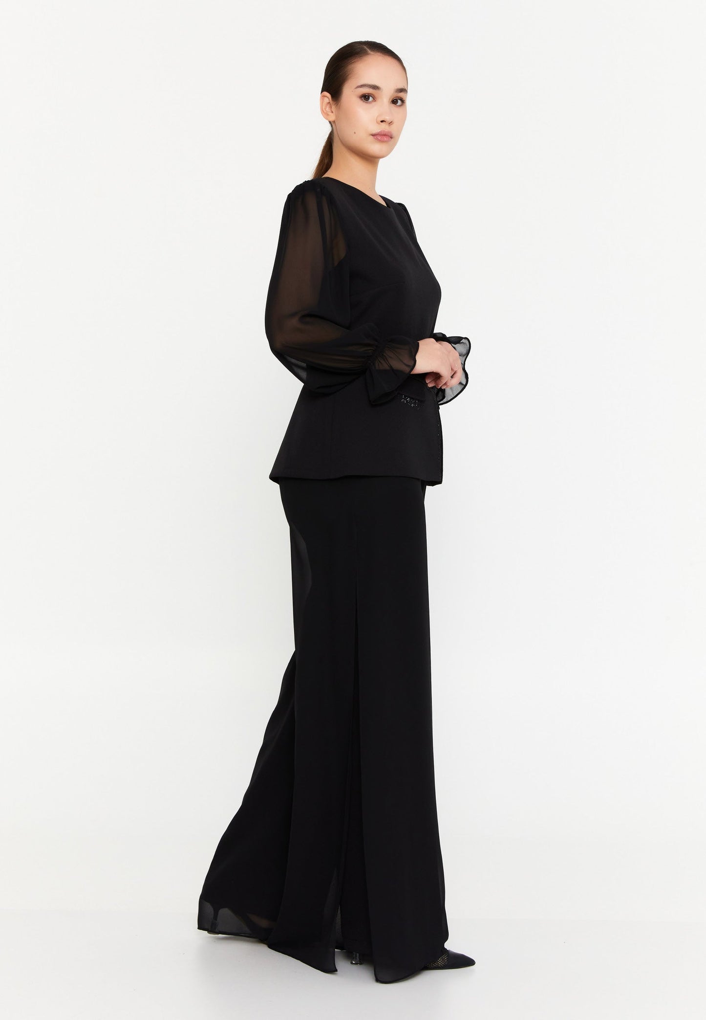 Long Sleeve Viscose Solid Color Plus Size Two-Piece Outfit Black - Unit Price: 60$