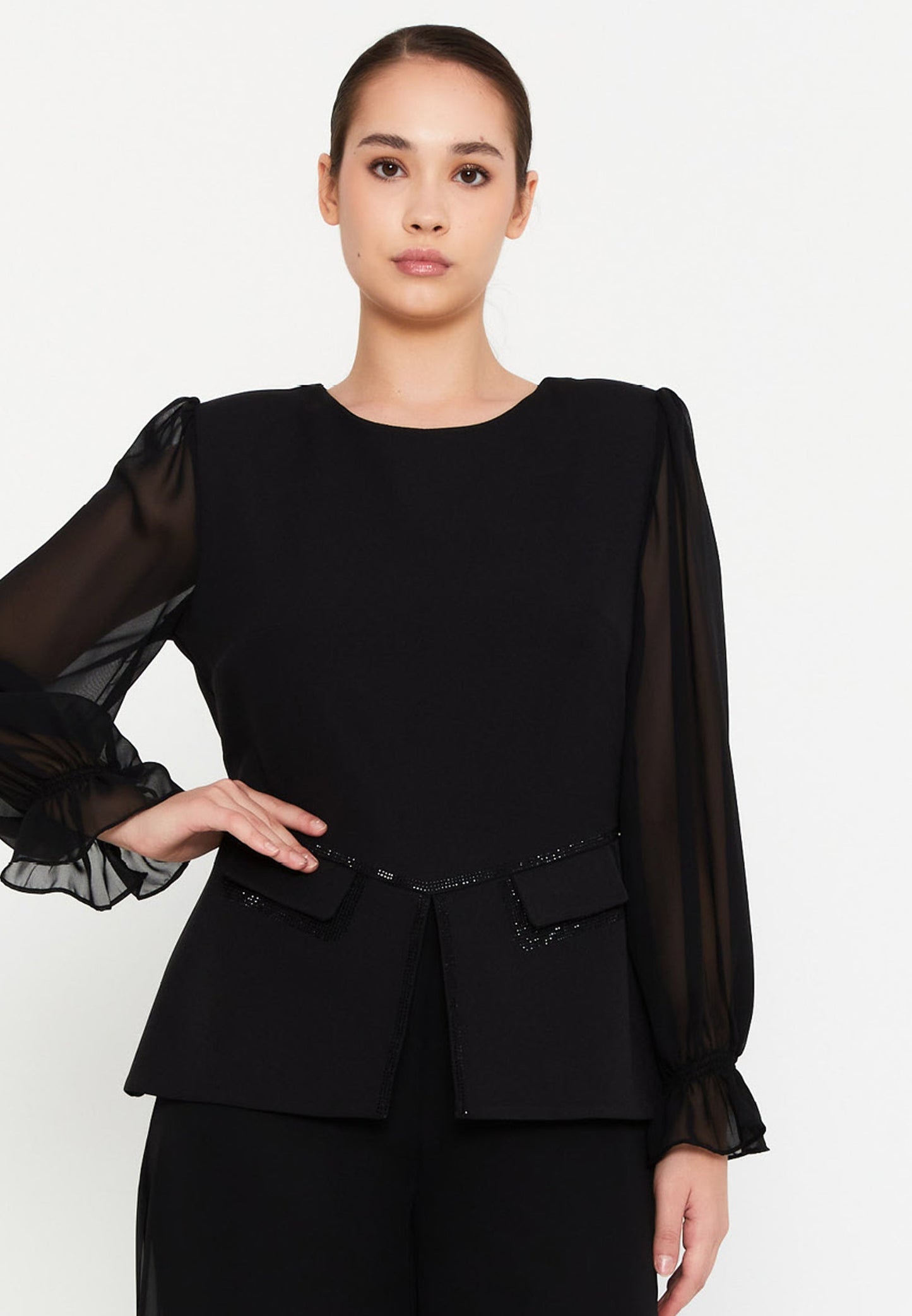 Long Sleeve Viscose Solid Color Plus Size Two-Piece Outfit Black - Unit Price: 60$