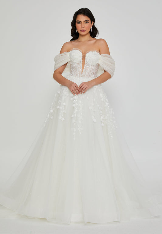 Off Shoulder Maxi Tulle Regular Wedding Dress Off White - Unit Price: 670$