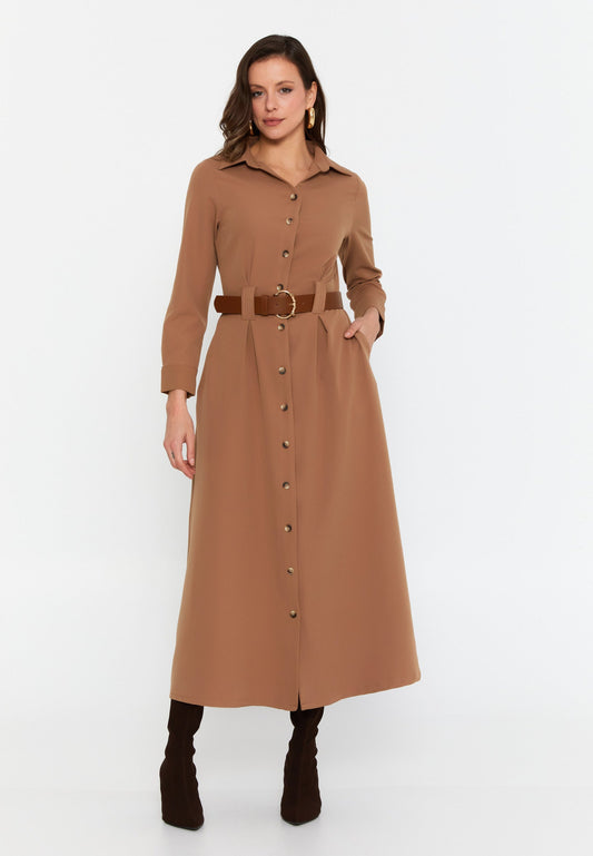 Long Sleeve Midi Viscose Column Regular Casual Dress Brown - Unit Price: 60$