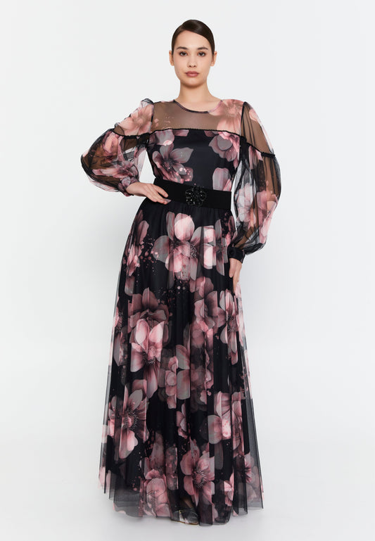 Long Sleeve Maxi Tulle Column Plus Size Casual Dress Black-Powder Pink - Unit Price: 67$