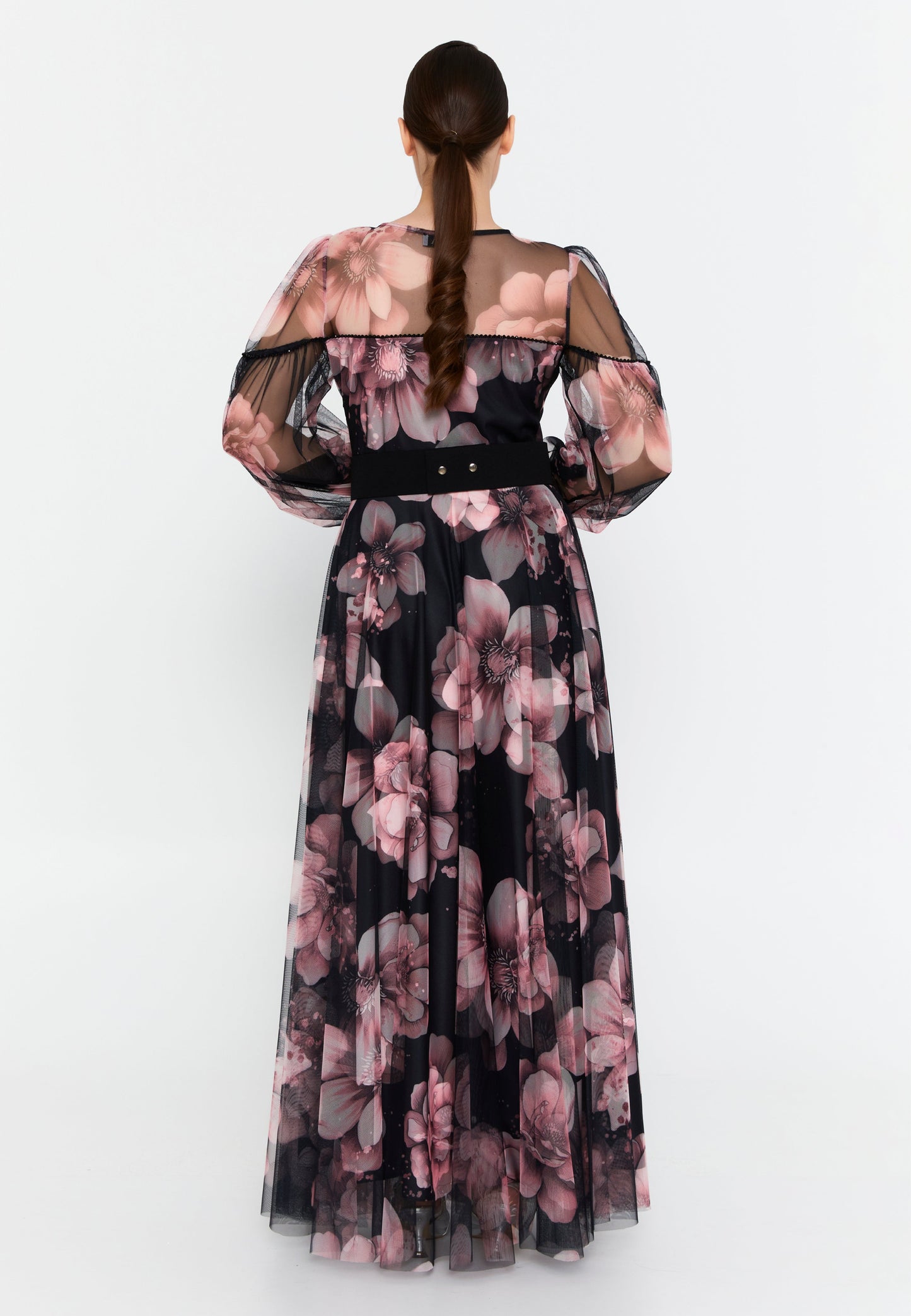 Long Sleeve Maxi Tulle Column Plus Size Casual Dress Black-Powder Pink - Unit Price: 67$