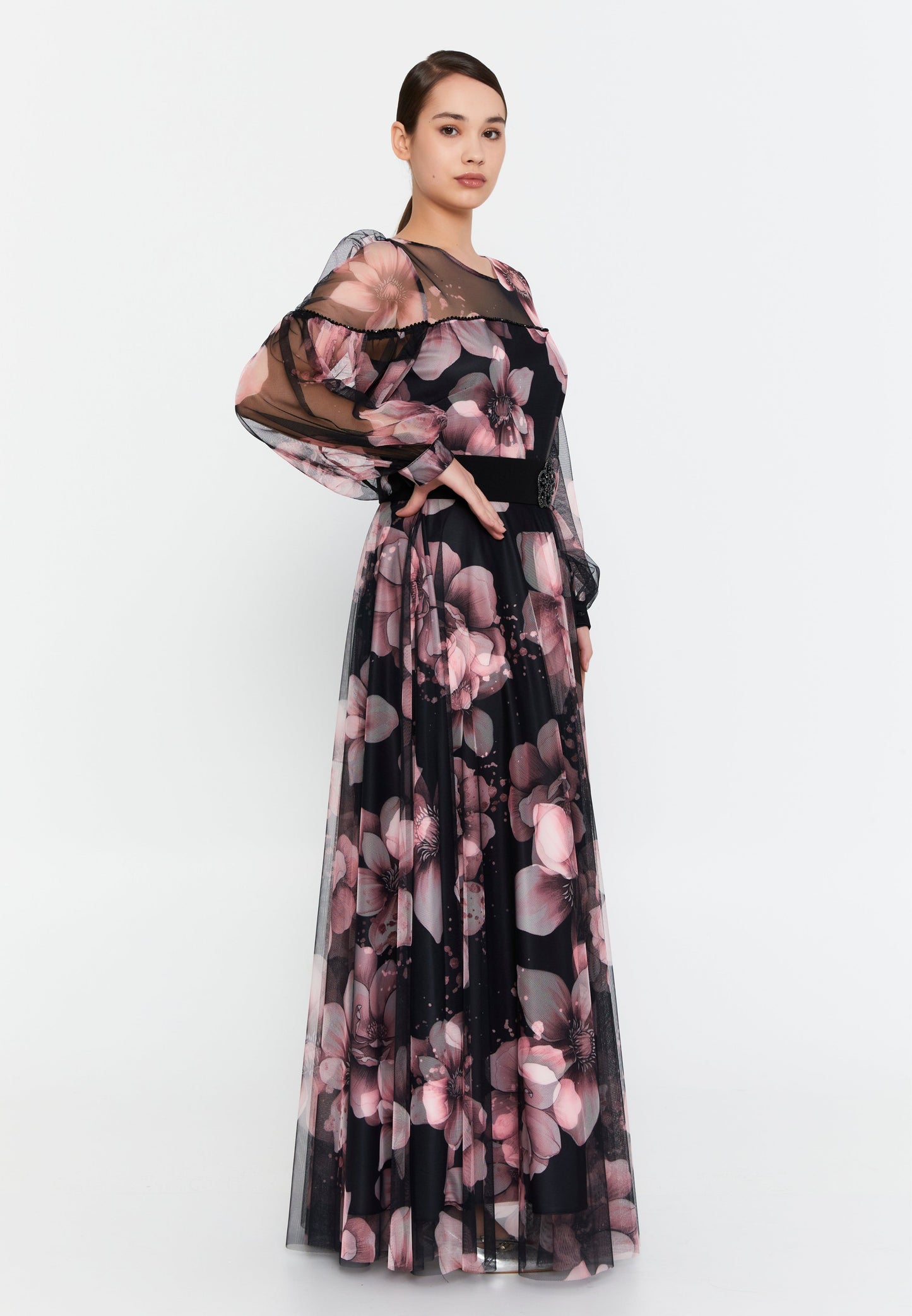 Long Sleeve Maxi Tulle Column Plus Size Casual Dress Black-Powder Pink - Unit Price: 67$