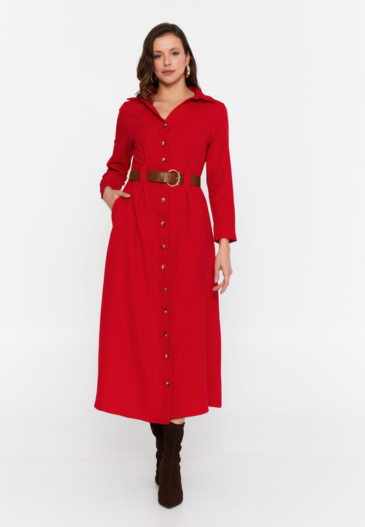 Long Sleeve Midi Viscose Column Regular Casual Dress Red - Unit Price: 60$