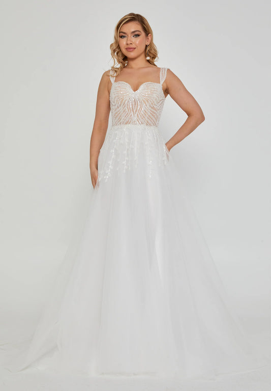 Sleeveless Maxi Tulle Regular Wedding Dress Off White - Unit Price: 350$