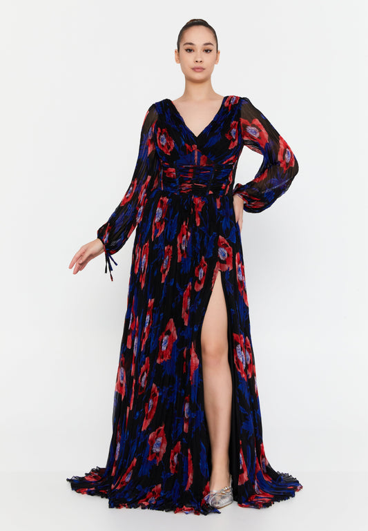 Long Sleeve Maxi Chiffon Column Plus Size Evening Dress Black-Red - Unit Price: 125$