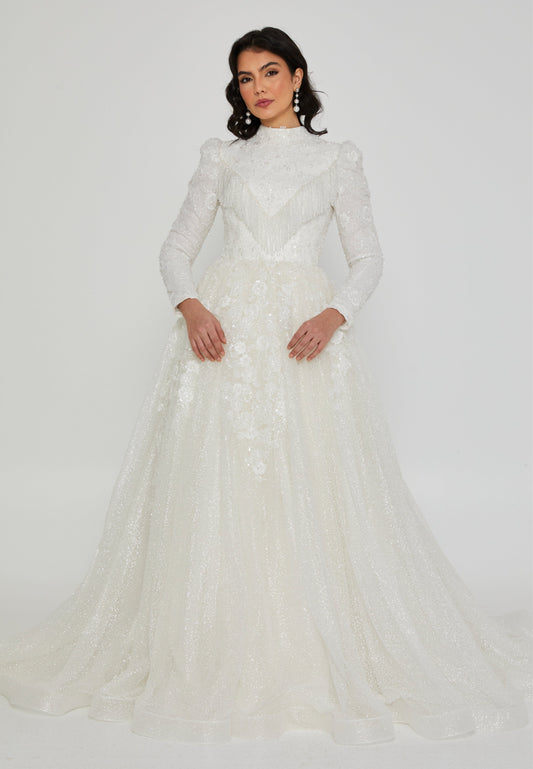 Long Sleeve Maxi Tulle Regular Wedding Dress Ecru - Unit Price: 650$