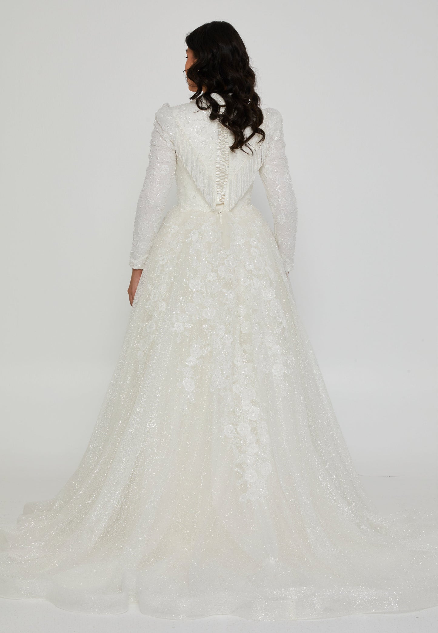 Long Sleeve Maxi Tulle Regular Wedding Dress Ecru - Unit Price: 650$