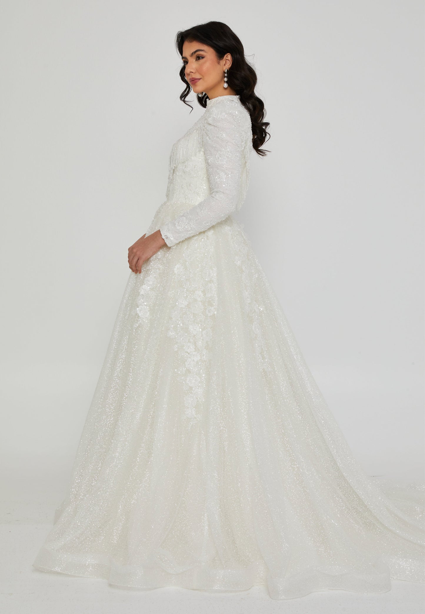 Long Sleeve Maxi Tulle Regular Wedding Dress Ecru - Unit Price: 650$