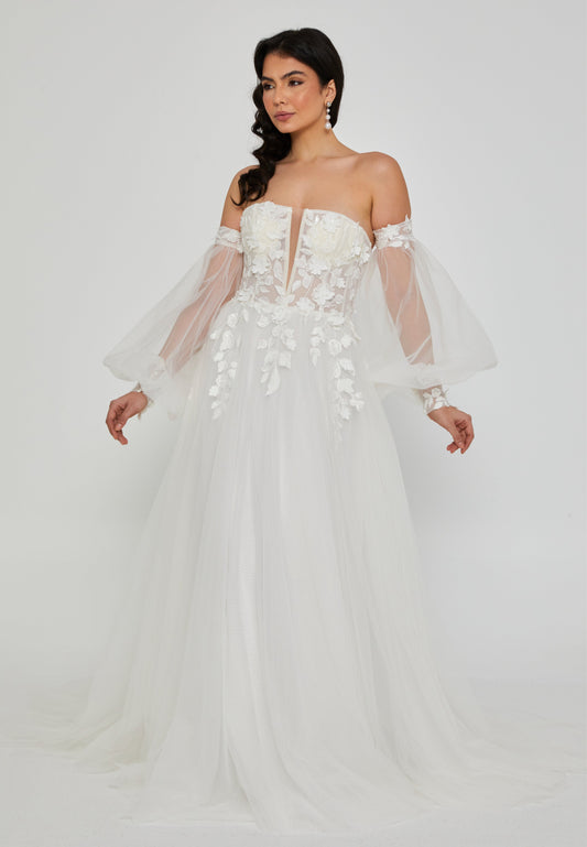 Off Shoulder Maxi Tulle Regular Wedding Dress Ecru - Unit Price: 580$