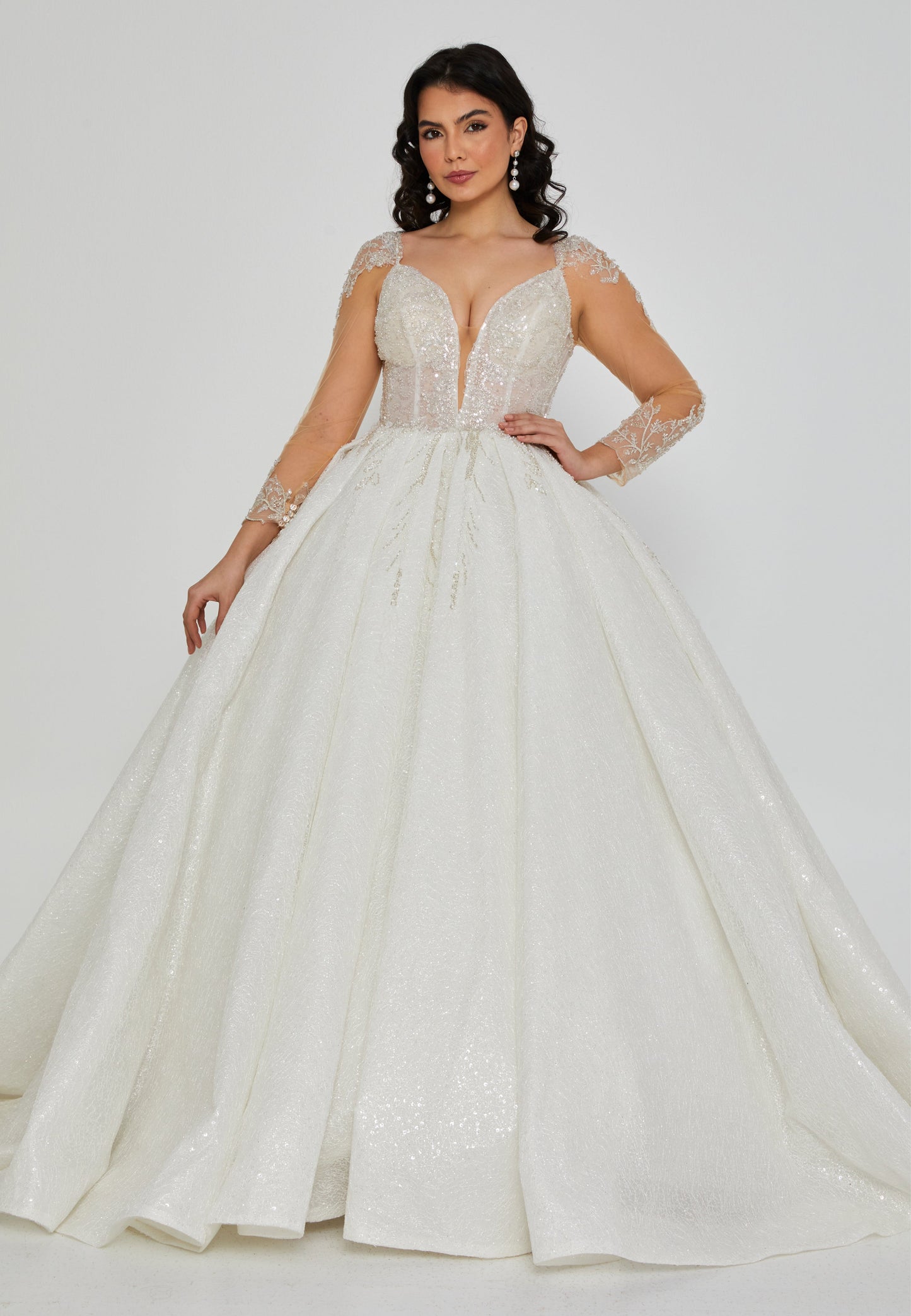 Long Sleeve Maxi Tulle Regular Wedding Dress Off White - Unit Price: 350$