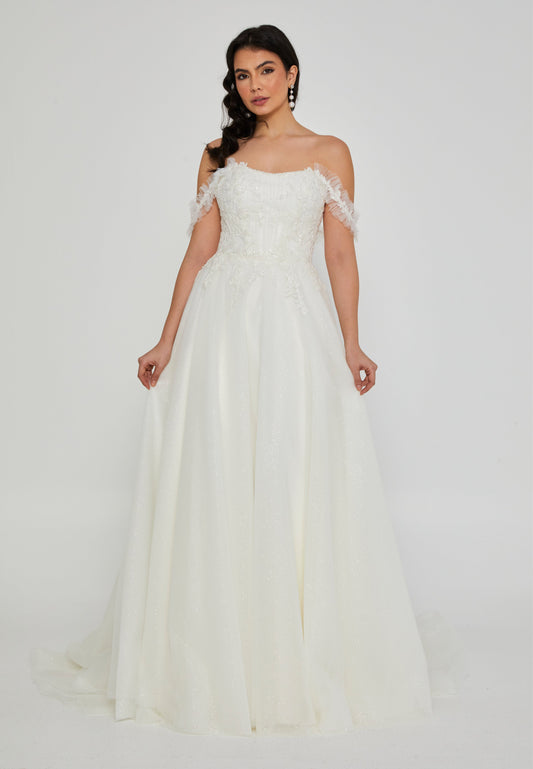 Off Shoulder Maxi Tulle Regular Wedding Dress Ecru - Unit Price: 620$