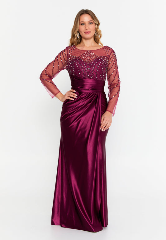 Long Sleeve Maxi Lycra Mermaid Plus Size Wedding Guest Dress Burgundy - Unit Price: 66$