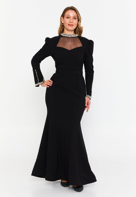 Long Sleeve Maxi Viscose Fit & Flare Plus Size Evening Dress Black - Unit Price: 100$